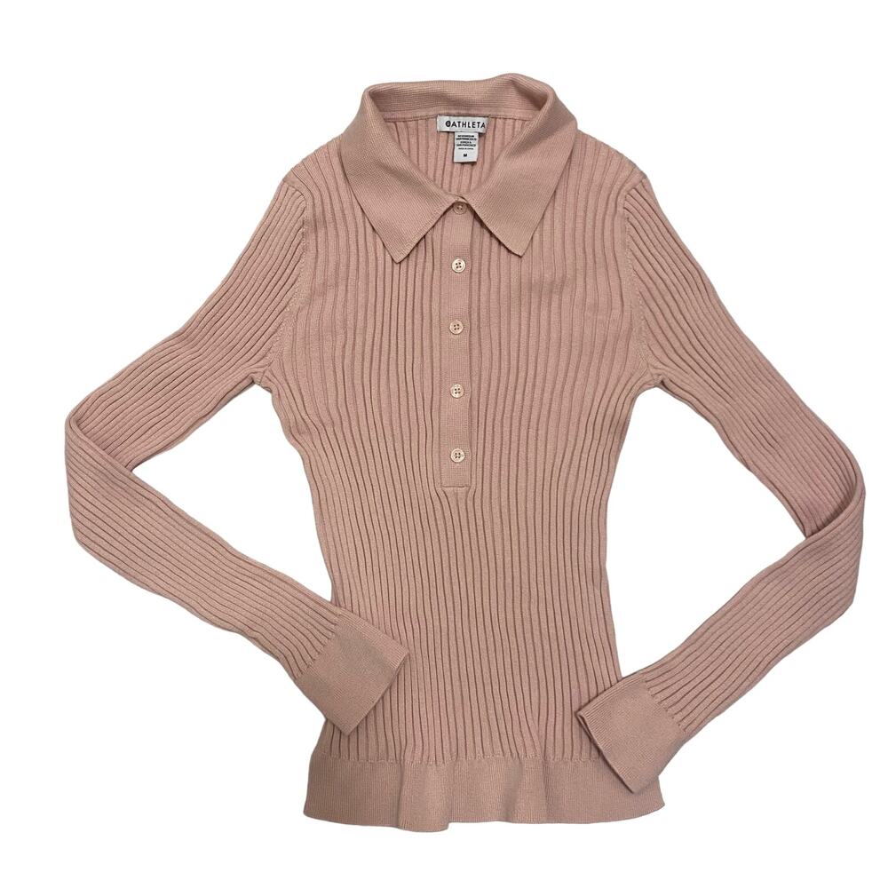 Women's Athleta Size Medium Pink Sweet Bay Henley Sweater Button Down Collared